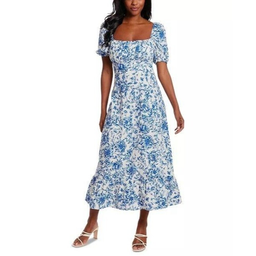 London Times Blue Floral Linen Blend Midi Dress 4 Puff Sleeve Smocked NWT